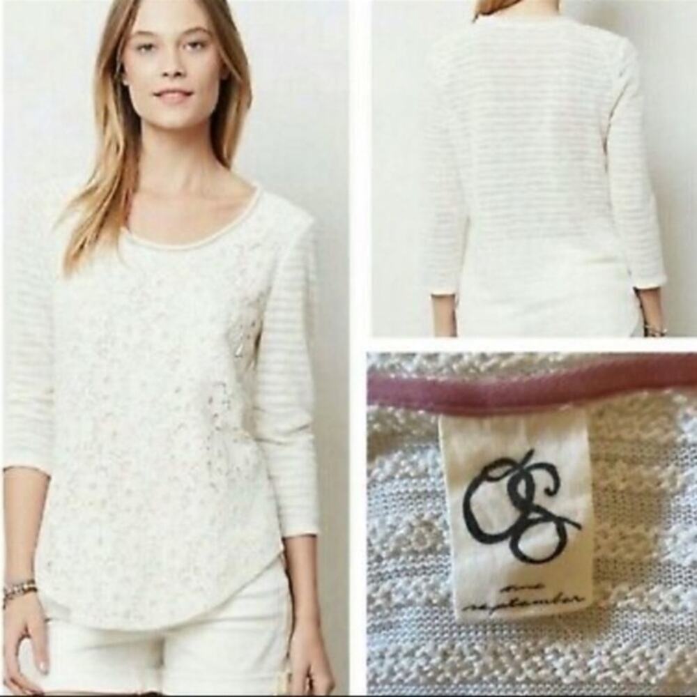 Anthropologie  One September Ivory Crochet Lace Long Sleeve Top
